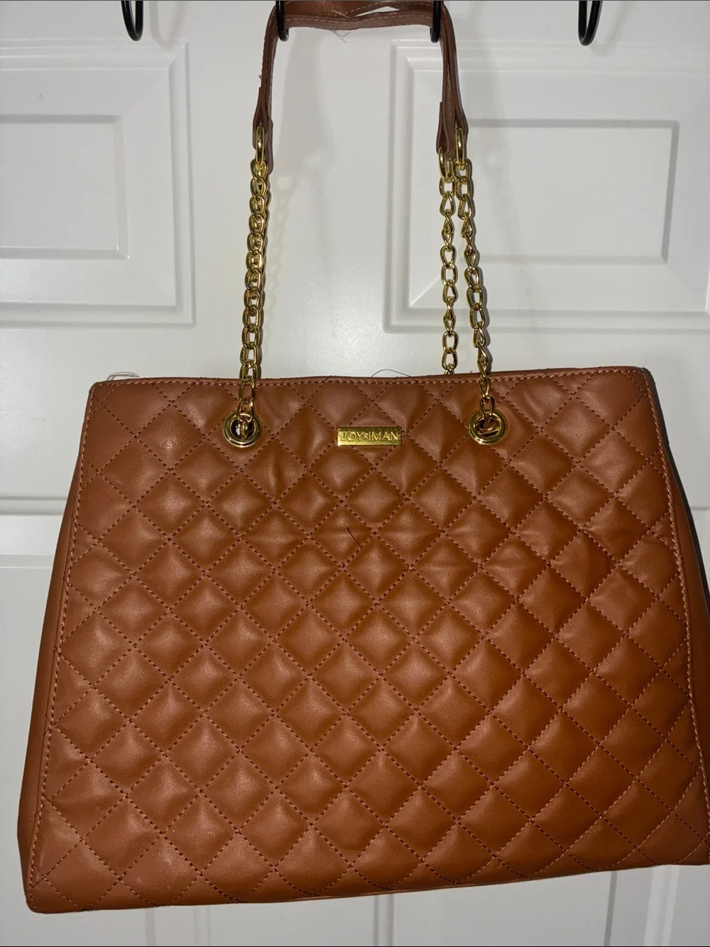 Love Quilted Tan Tote with Gold Chain Handles